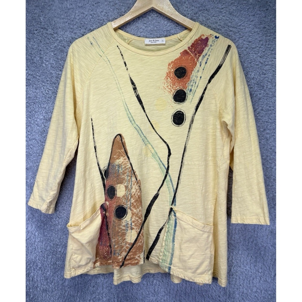 Jess & Jane Womens S Yellow Mineral Wash Floral Abstract Tunic Top Pockets Artsy
